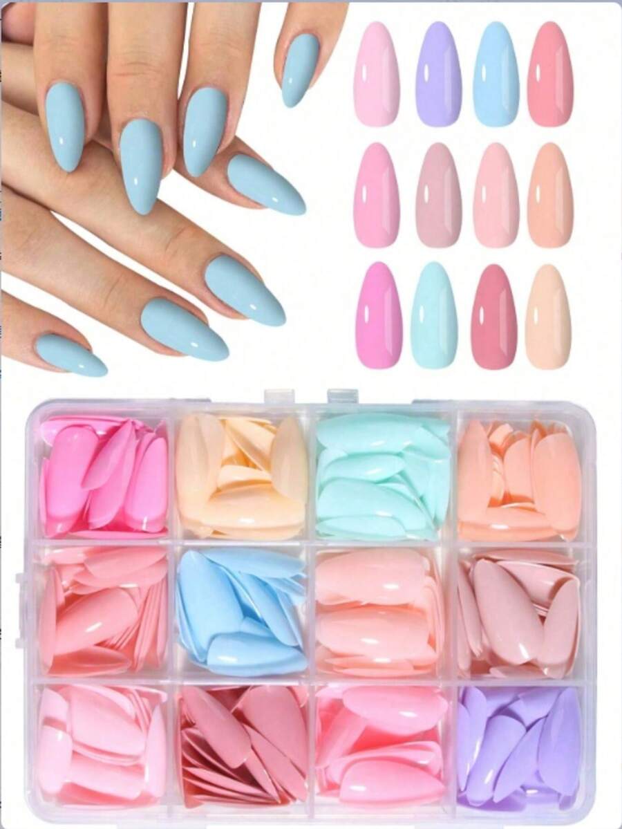 288Pcs Medium Almond Press-On Nail Tips, 12 Pastel Solid Colors Full Cover False Nails, Pre-Shaped Nail Kit With Storage Box For DIY Manicure - Multicolor - View 1