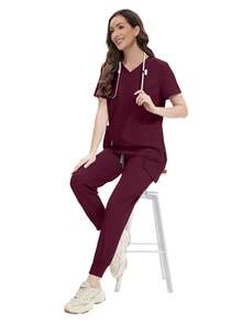 Women's Doctor/Nurse Uniform Set, Hospital Operating Room Surgical Gown, Beauty SPA Workwear - Burgundy - View 5