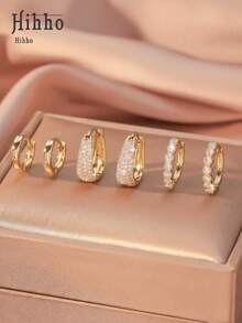 Hihho 6pcs Multi-Style Full Cubic Zirconia Gold Ear Cuff Set, Light Luxury Fashion Earrings With Teardrop, Rhinestone Chain, Geometric Patchwork Shapes, Minimalist Silhouette With Diamond Details, Combining Minimalist Sophistication And Sparkling Layered Texture, Versatile For Commuting, Daily, Workplace, And Light Social Occasions - Gold - View 12