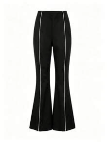 Black High-Waisted Wide Leg Sweatpants, Draped Slim Fit With White Side Stripes, Versatile Straight Leg Floor-Length Trousers Sports - Black - View 2