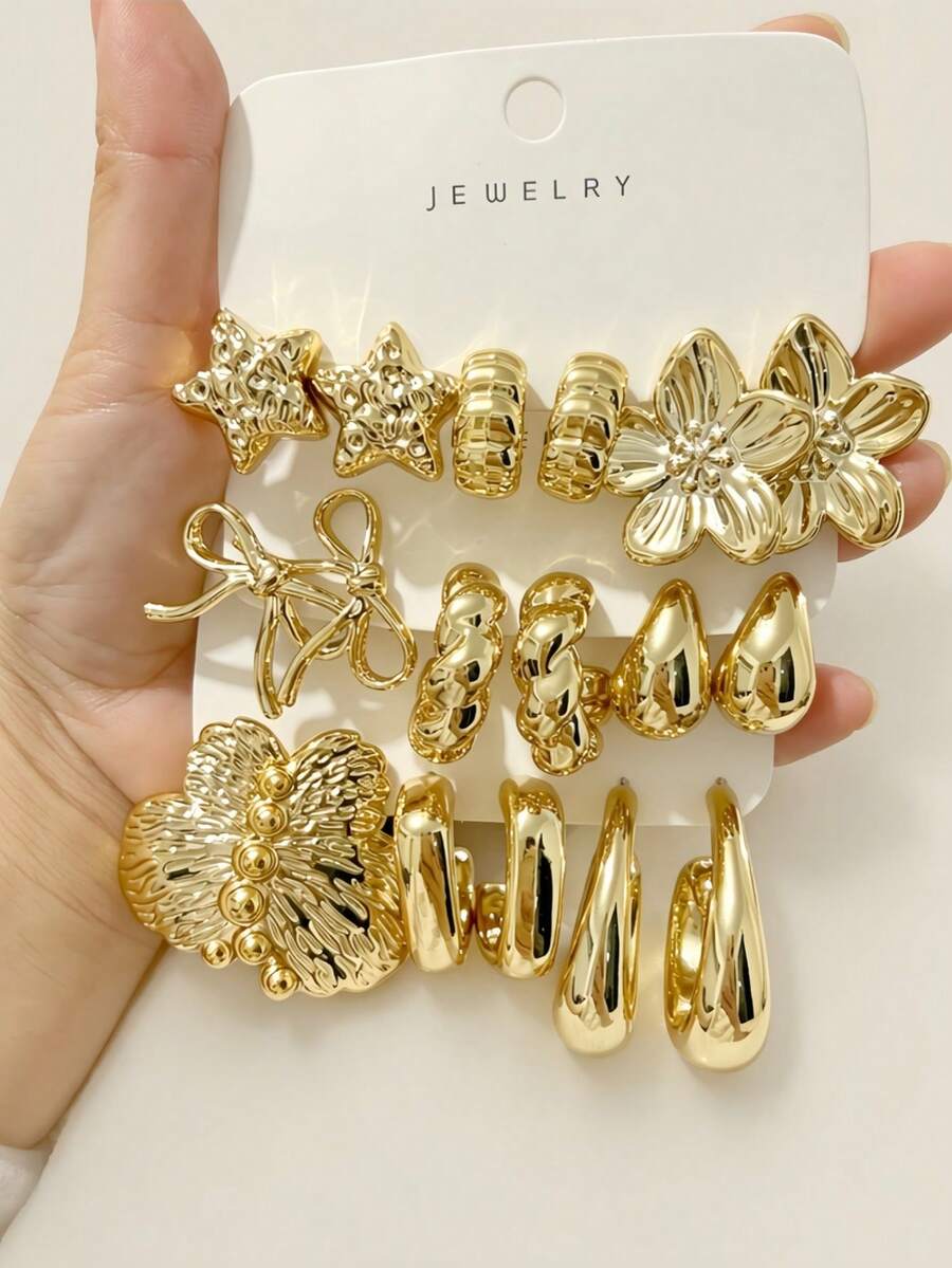 6/12/18pcs/Set Gold Stud Earrings, Floral & Geometric Mixed Pattern Metal Earrings Set, Pendant Earrings, Vintage Women's Earrings - Gold - View 1