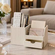 1pc Italian Luxury Vertical Striped PU Leather Drawer Organizer Box, Multi-Compartment Desktop Storage Holder, Suitable For Pens, Stationery, Remote Controls, Cosmetics, Keys, For Office And Bedroom Desktop Storage - View 5