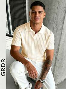 GRDR Men's Loose Thin Ribbed Polo Collar Knit Shirt, Short Sleeve, Summer - Apricot - View 1
