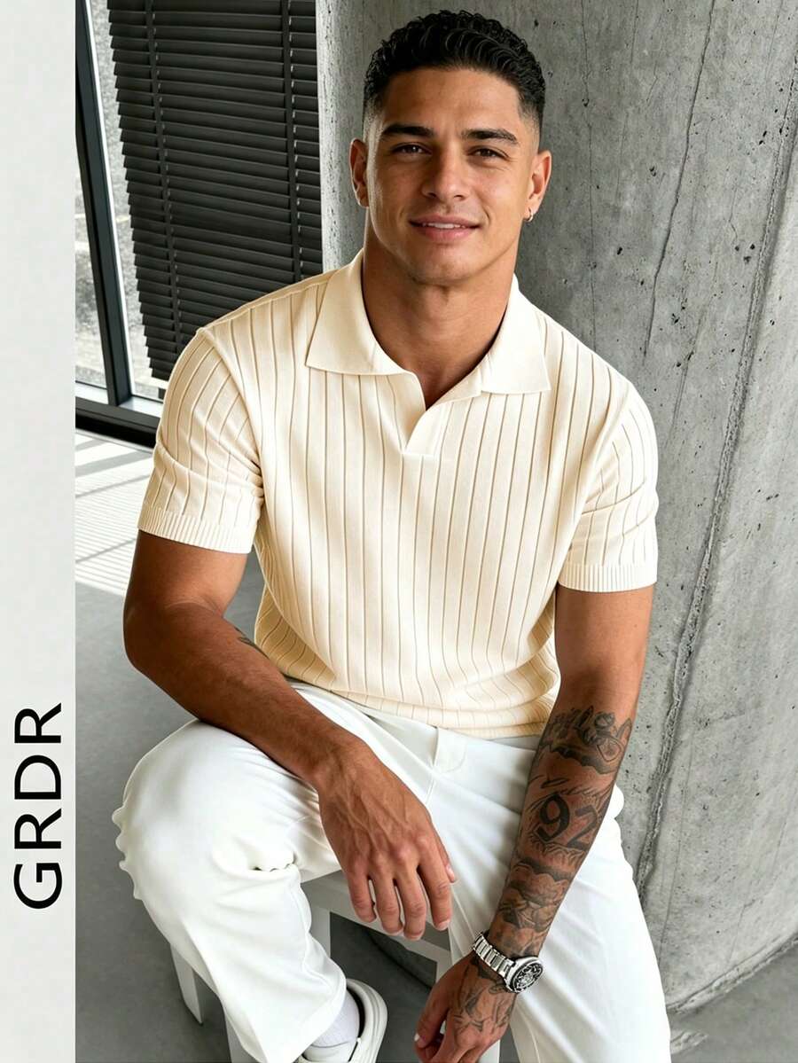 GRDR Men's Loose Thin Ribbed Polo Collar Knit Shirt, Short Sleeve, Summer - Apricot - View 1