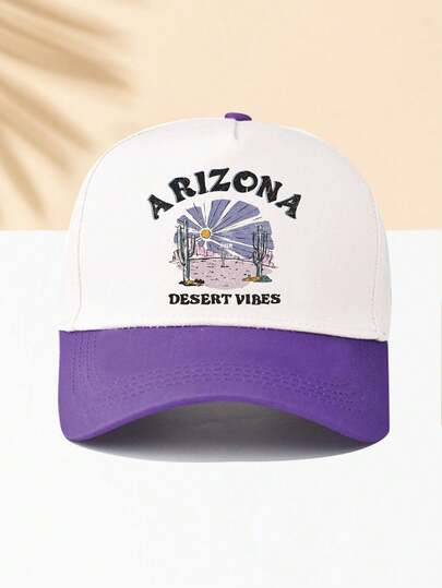 1件白色與紫色拼接棒球帽「ARIZONA」字母印花圖案，美式復古圖案時尚極簡休閒百搭，四季通用裝飾風格，男女通用時尚必備單品，適合戶外活動