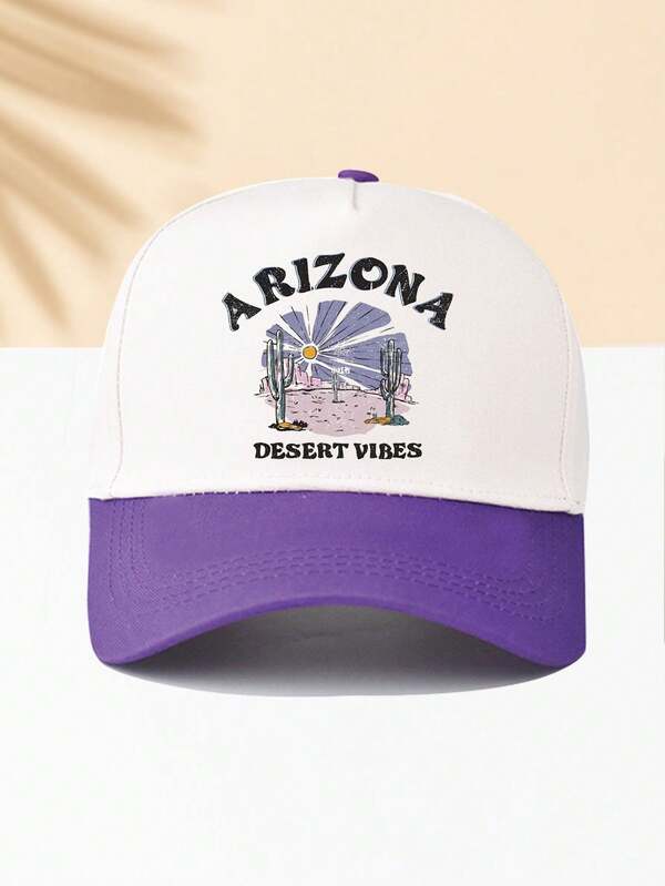 1件白色與紫色拼接棒球帽「ARIZONA」字母印花圖案，美式復古圖案時尚極簡休閒百搭，四季通用裝飾風格，男女通用時尚必備單品，適合戶外活動