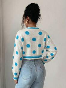 Women's Short Knit Cardigan, Blue Polka Dot Pattern, Long Sleeve, Open Collar, Contrast Trim, Perfect For Autumn/Winter Clothing And Casual Autumn/Winter Style. - Off-white and Blue - View 2
