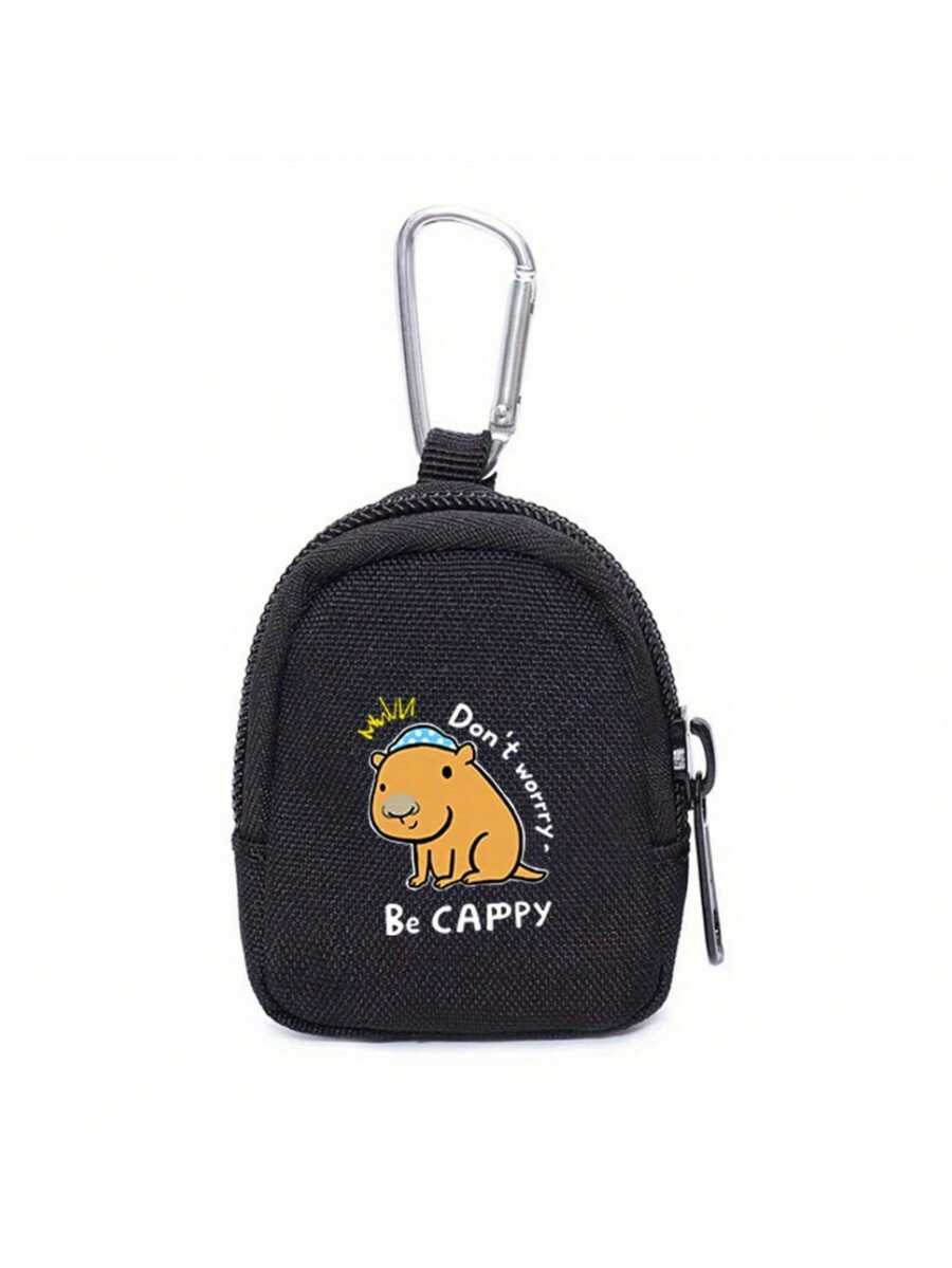1pc Back To School Mini Cute Cartoon Capybara Print Zipper Coin Purse With Keychain - Black Wallet Style Storage Bag, Zipper Secure Closure, Suitable For Sports, Outdoor Travel, Birthday Gifts, Suitable For Daily Use, Outings, Travel, Shopping, Mini Coin Purse, Pendant, Packaging Decoration - Black - View 1