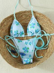 Sexy Halter Neck Casual Bikini Set For Spring/Summer Beach Vacation, Blue Floral And Striped Pattern, Suitable For Parties And Gatherings - Multicolor - View 2
