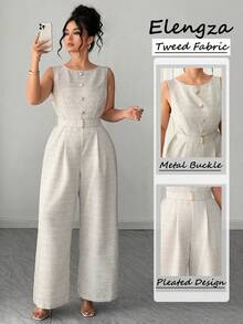 Mono elegante sin mangas para mujer con decoración de botones y cinturón, traje de tweed de alta calidad estilo mono de una pieza, casual para la oficina, citas, salidas - Gris Claro - Ver 1