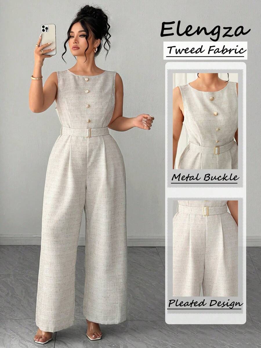 Mono elegante sin mangas para mujer con decoración de botones y cinturón, traje de tweed de alta calidad estilo mono de una pieza, casual para la oficina, citas, salidas - Gris Claro - Ver 1