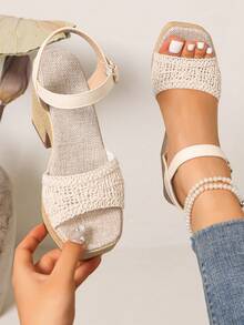 Women's Wedge Sandals. Summer Open Toe, Bohemian Style Faux Rope Sole Sandals. Comfortable Vacation Style High Heels. Suitable For Summer Outfits - Beige - View 5