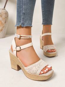Women's Wedge Sandals. Summer Open Toe, Bohemian Style Faux Rope Sole Sandals. Comfortable Vacation Style High Heels. Suitable For Summer Outfits - Beige - View 6