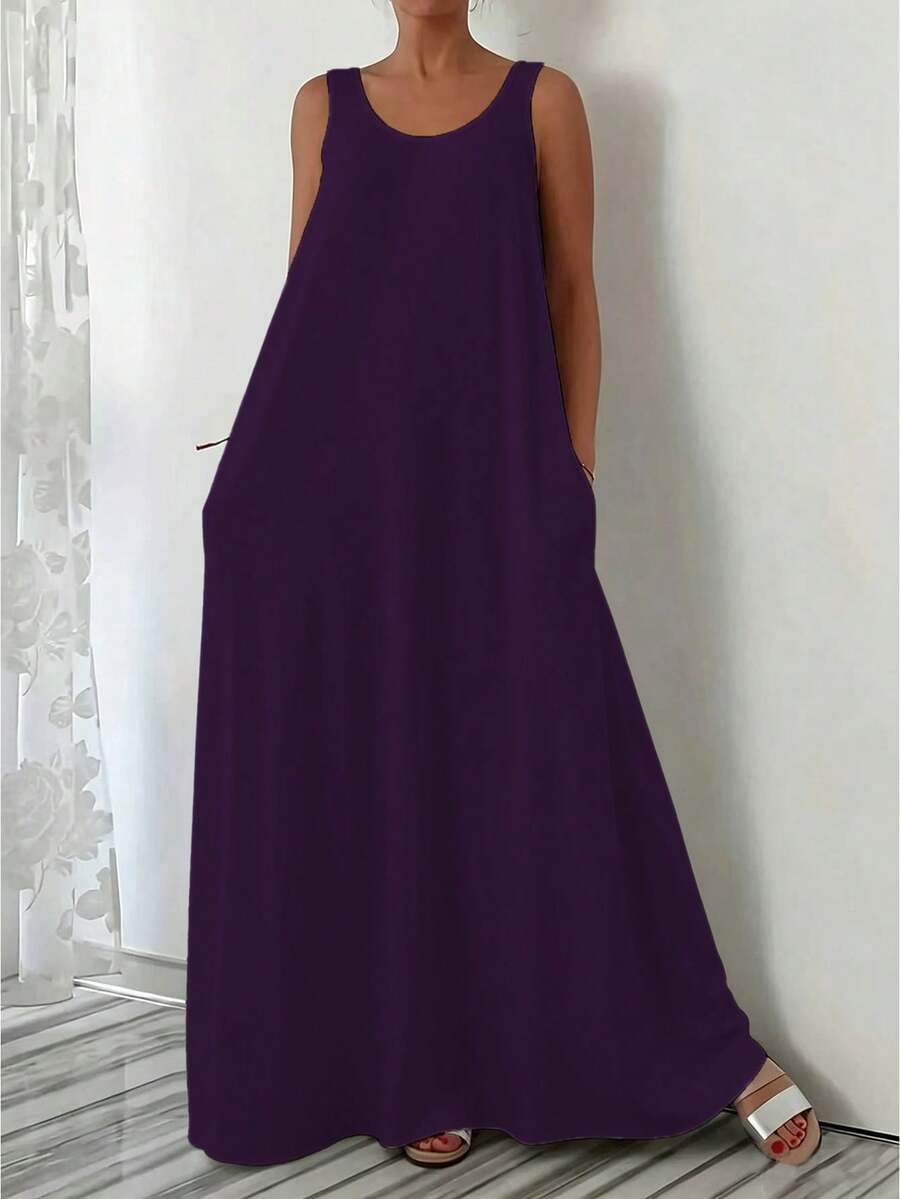 Plus Size Women's Summer Casual Loose Daily Comfortable Round Neck Sleeveless Solid Color Fitted Long Dress Elegant - Purple 1 - View 1