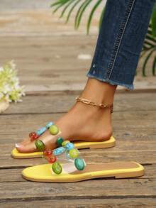Summer Bohemian Style Colorful Faux Gemstone Transparent One-Strap Flat Sandals For Women, Orange Outdoor Vacation Beach Slides, Beach Floral Home Beach - Yellow - View 4