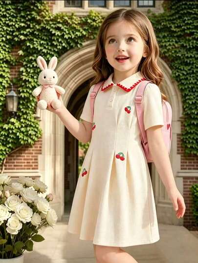Girls' Sweet Style Cherry Dress, Contrast Collar Cherry Embroidery Short Sleeve Dress, Suitable For Daily Wear, School, Weekend Outings, Picnics, Family Gatherings And Other Occasions