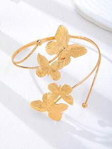 1 Pc Double Layer Butterfly Arm Cuff For Women, Gold Plated Textured 3D Butterfly Open Upper Arm Bracelet Statement Body Jewelry - Butterfly-shaped Armband - View 4