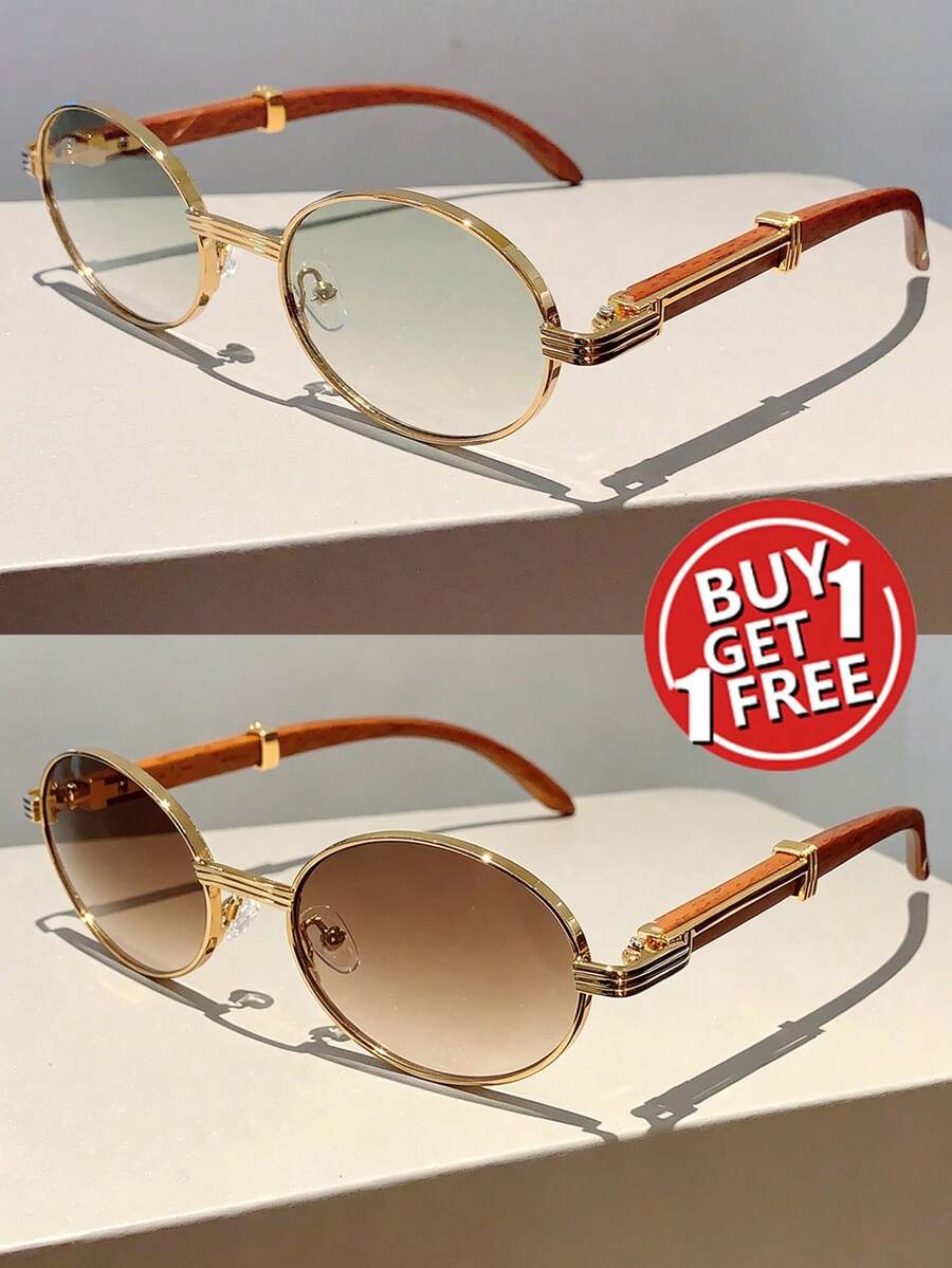 New Vintage Oval Frame Fashion Glasses Design Fashion Glasses With Faux Wood Grain Temples - c5c6 金漸綠+金漸茶 - 查看 1