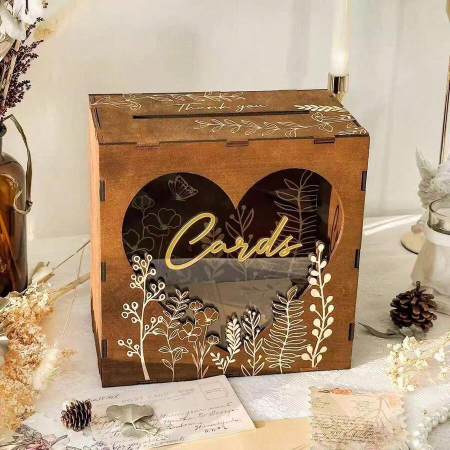 Wooden Wedding Card Box, Solid Wood With Slots, Gift Card Storage Box, Cross-Border Wedding Party Decoration Wooden Box - 1PC - View 1