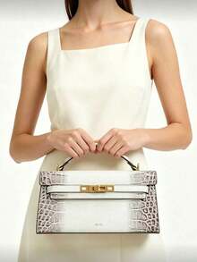 Sophisticated Commuter Style White-Brown Gradient Crocodile Embossed Handbag, Textured Spring Edition, Gold Buckle With Gradient Embossed Pattern, Clean Lines And High-End Details, Suitable For Office Commute, Client Meetings, Short Business Trips, Balancing Practicality And Elegant Elegant - White - View 4