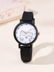 2pcs/Set Fashion Minimalist Cat Digital Face Quartz Silicone Strap Student Watch + Bracelet - Black - View 3