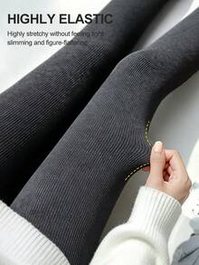 Women's Dark Gray Vertical Striped Tights, High Elasticity Slimming, Korean Slouchy, Autumn/Winter Commute Versatile Knit Leggings - Dark Grey - View 3
