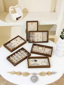 1pc Wooden Velvet Jewelry Tray, Jewelry Storage Display Tray, Drawer-Style Earring Storage Box, Stackable Jewelry Storage Tray - Multicolor - View 3