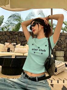 星星字母印花辣妹 Y2K 女款短袖 T-shirt，夏季修身版常規肩寬薄荷綠上衣休閒款 - 薄荷綠 - 查看 6