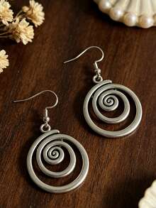 1 Pair Bohemian Style Spiral Vortex Round Hoop Earrings, Distressed Alloy - Antique Silver - View 5
