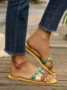 Summer Bohemian Style Colorful Faux Gemstone Transparent One-Strap Flat Sandals For Women, Orange Outdoor Vacation Beach Slides, Beach Floral Home Beach - Yellow - View 6
