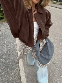 女款正裝版型人造麂皮長袖單排扣寬鬆休閒夾克，適合春季穿著 - 咖啡棕 - 查看 4