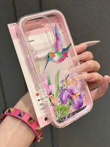 1pc Creative Floral Colorful Hummingbird Pattern Phone Case, Contrast Color 2-In-1 TPU Anti-Drop Soft Shell Protective Cover Compatible With Apple 11/12/13/14/14plus/15/15plus/16/16plus/17/17pro And Other Models - Multicolor - View 2