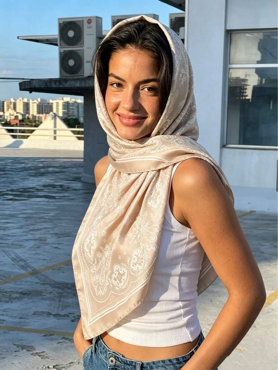 1pc 90cm Faux Silk Scarf, Women's Satin Printed Headband, Headscarf, Fashion Head Accessory, Shawl, Neck Scarf, Hairband, Dress Accessory, Suitable For Beach, Holiday, Travel Essential - Beige - View 1