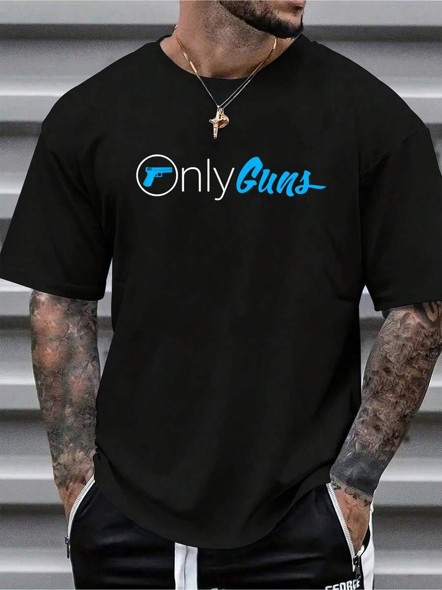 Only Guns Pattern T Shirt - 180Gram 100%Cotton - S-XXL - Unisex Short Sleeve T Shirt,Suitable For All Seasons - 黑色 - 查看 1