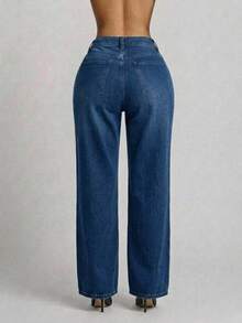 Pantalón Mezclilla Stretch Mujer Corte Amplio Cintura Alta - Azul lavado oscuro - Ver 5