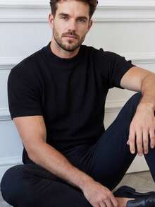 Men's Mid-Neck Textured Knit T-Shirt - Black - View 4
