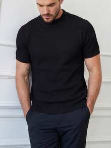 Men's Mid-Neck Textured Knit T-Shirt - Black - View 3