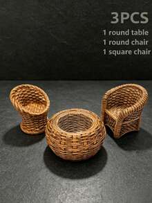 3/5pcs Mini Resin Wicker Table And Chair Set, Dollhouse Miniature Furniture Decor, Micro Landscape Decoration, Round Table With Square Or Round Chairs, Suitable For Micro Landscape Creation, Desktop Display, Photography Props, Holiday Gifts - Multicolor - View 9