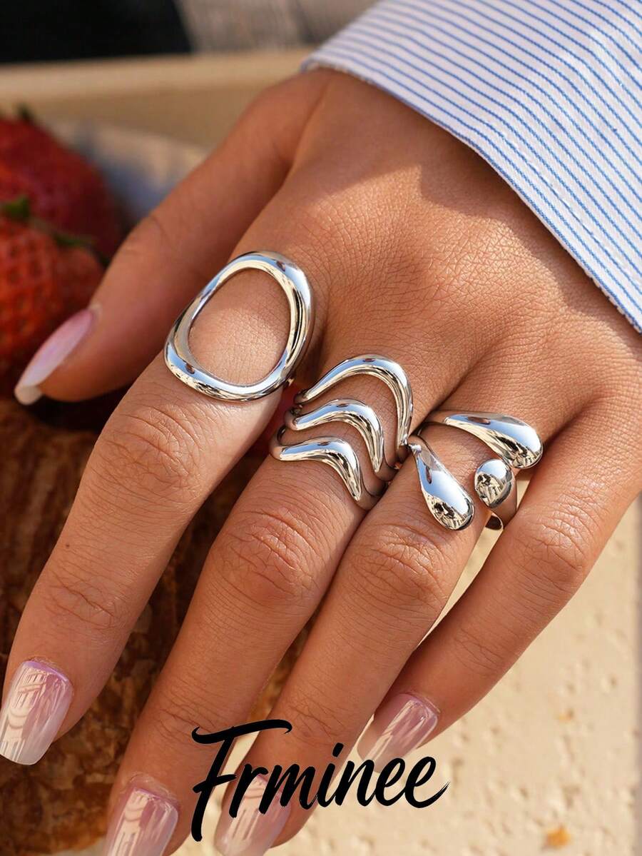 Frminee 3pcs/Set Stackable Geometric Silver Stainless Steel Ring Set, Women Daily Wear Jewelry, Everyday Accessory And Gift