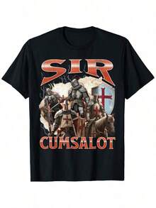 Camiseta con Gráfico Parodia del Meme del Caballero Cumsalot, Divertida y Ofensiva - Negro - Ver 1