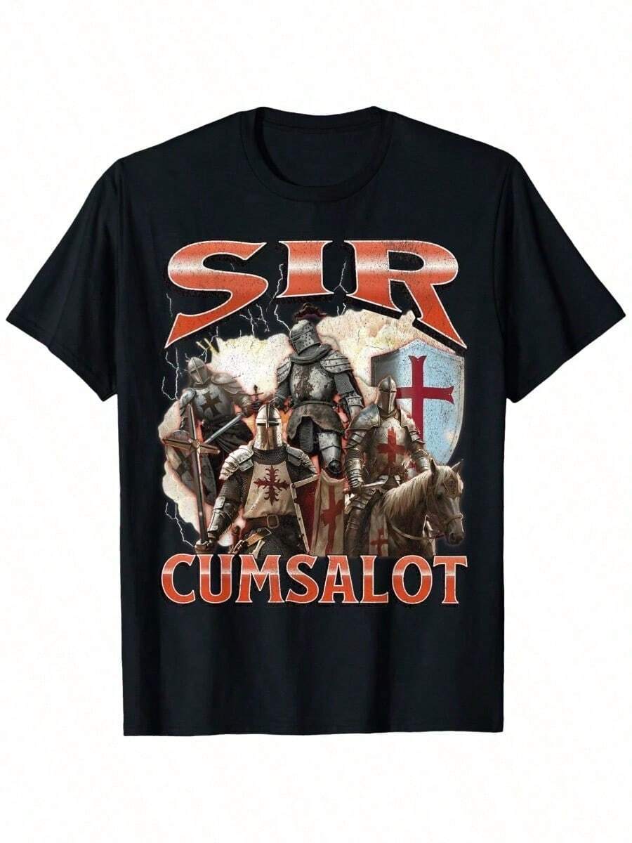 Camiseta con Gráfico Parodia del Meme del Caballero Cumsalot, Divertida y Ofensiva - Negro - Ver 1