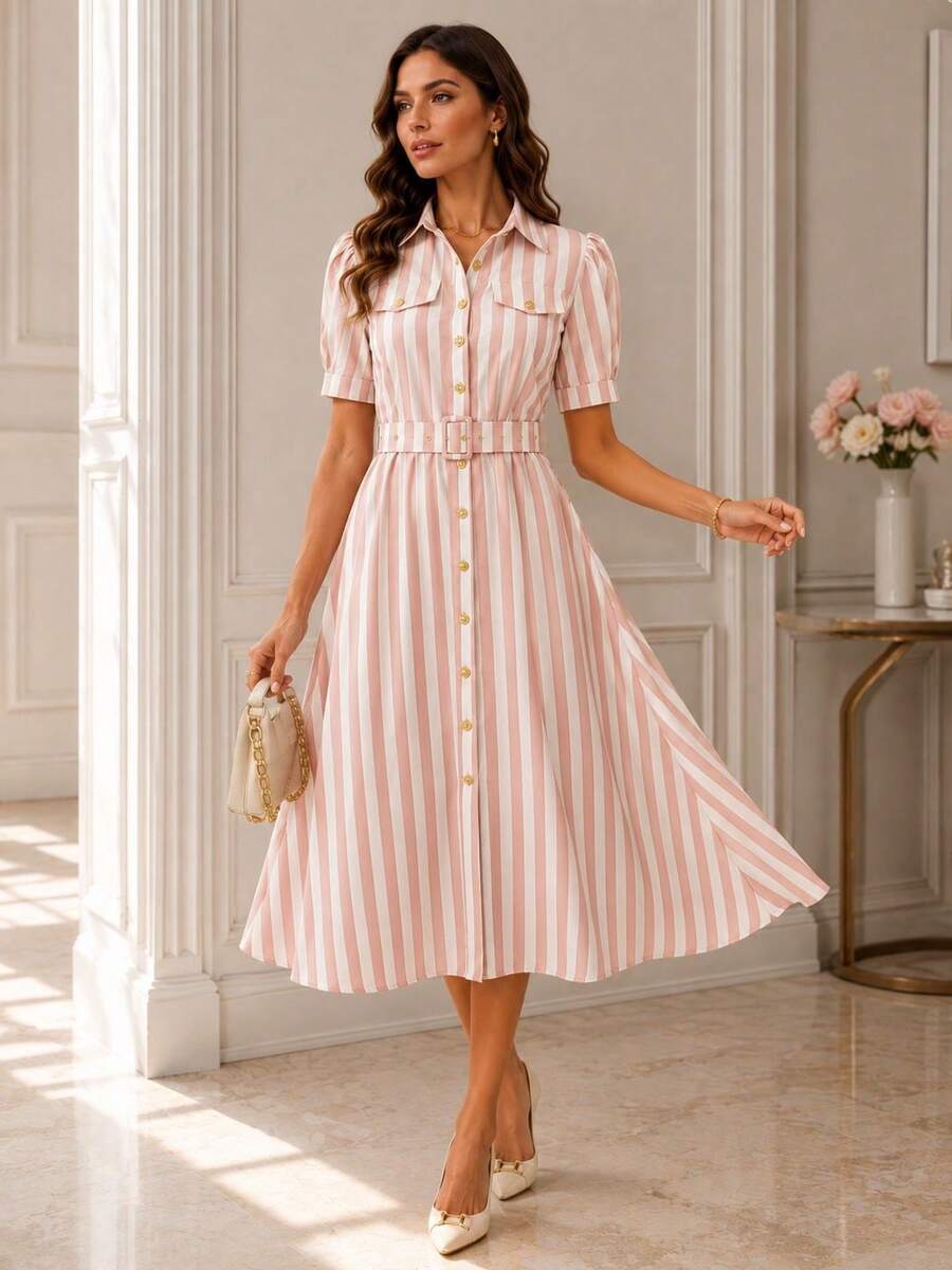 Elegant Women's Midi Shirt Dress With Pink And White Stripes, Belt And Puff Sleeves, Perfect For Summer Outings And Casual Events. - 乾枯玫瑰色 - 查看 1