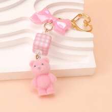 1pc Women's Flocked Cartoon Pink Bear Keychain Bow Plaid Square Pendant Accessory Cute Adorable Earphone Bag Key Charm - Pink - View 3