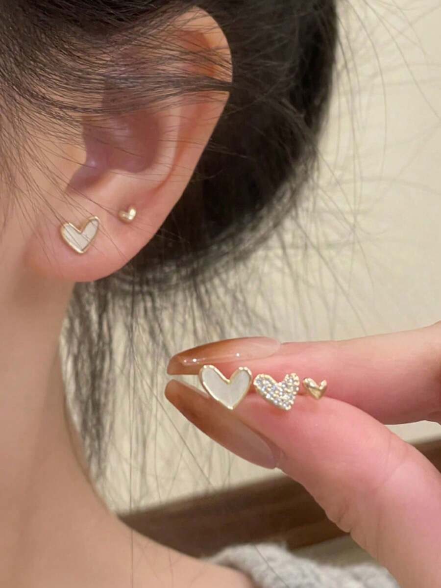 3 件/套时尚百搭心形耳钉可爱女孩甜美简约小耳环 - 金黃色 - 查看 1