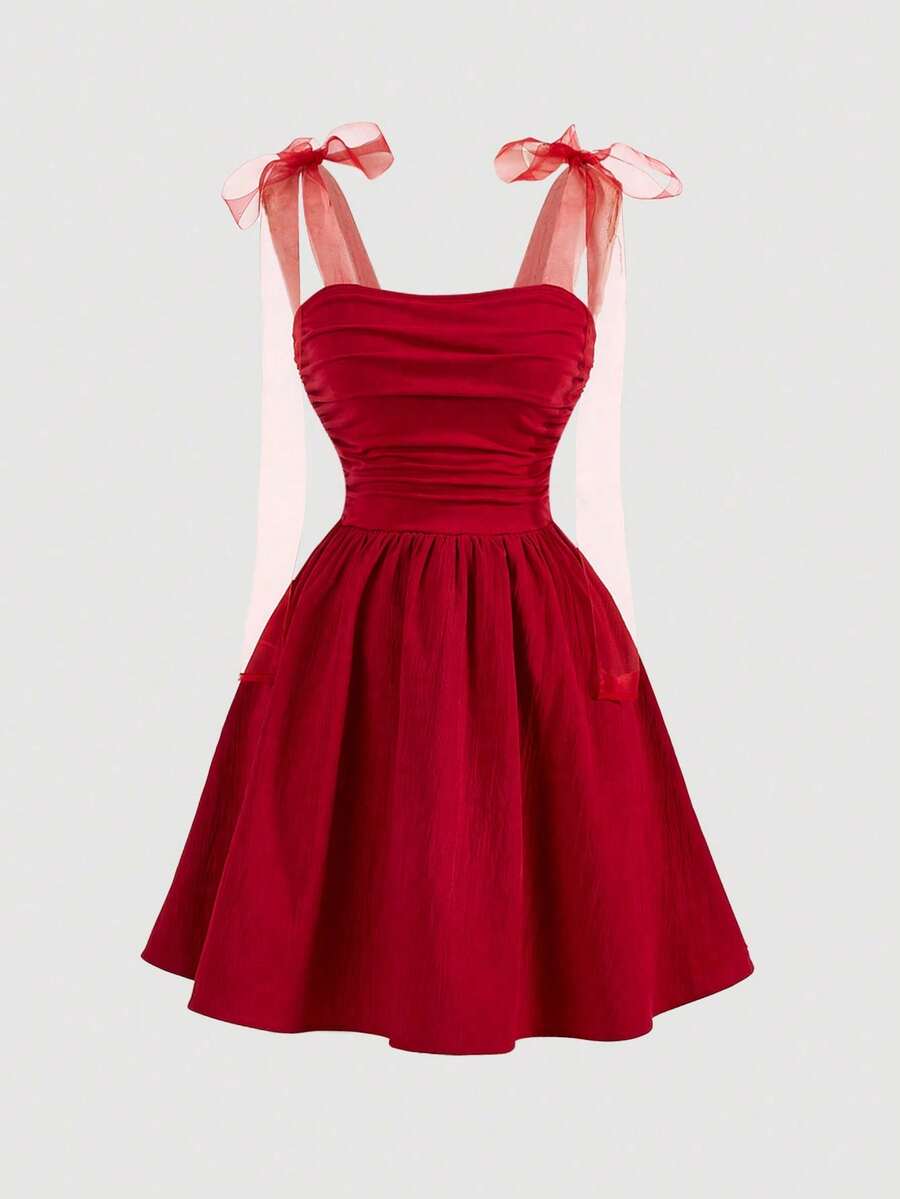 MOD Vestido de verano romántico para mujer con tira de malla blanca y plisado - Rojo - Ver 1