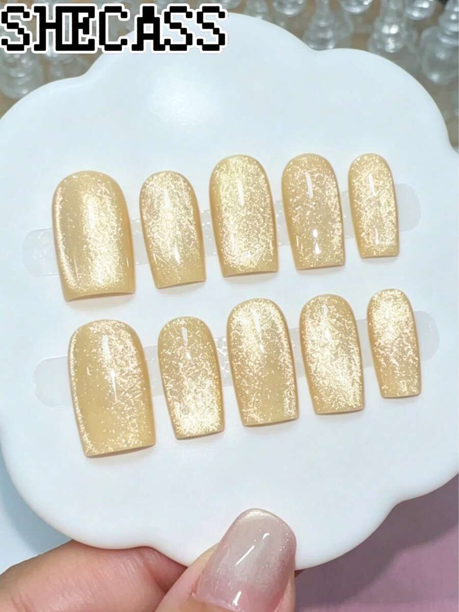 Shecass 中號方型金色貓眼漸層穿戴甲,亮面金色金屬漸層長假指甲,酷感奢華極簡可重複使用,適合日常工作、派對、秋冬 Y2K 夏季、畢業旅行、假期、開學禮物 - 彩色 - 查看 1