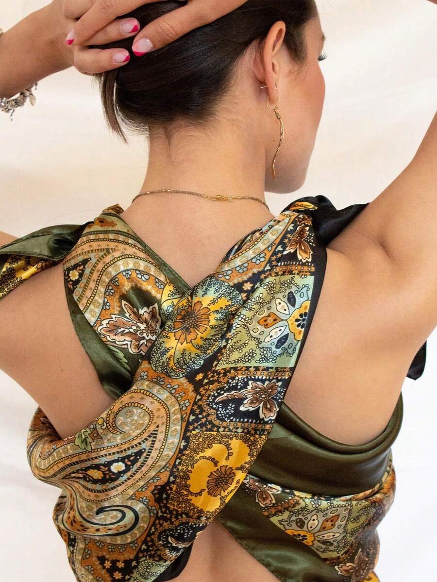 1件女款多色佩斯利花紋編織印花圍巾披肩,時尚頭巾,適合旅行、派對與晚間活動 - 橄欖綠 - 查看 1
