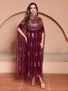 JINLICX Luxury Purple Gold Rhinestone Beaded High‑Neck Cape Banquet Kaftan Maxi Dress - Burgundy - View 3