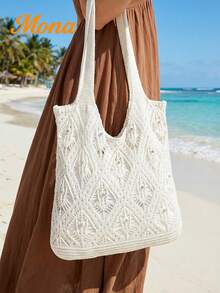 Boho Hollow Knit Tote Bag With Rhinestone Shiny Decor Women Summer Beach Shoulder Bag For Vacation Party Dating Shopping Cruise Travel - Beige - View 3