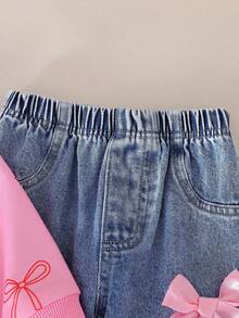 Baby Girl Bow Pattern Print Crew Neck Long Sleeve Sweatshirt And Denim Pants - Pink - View 6